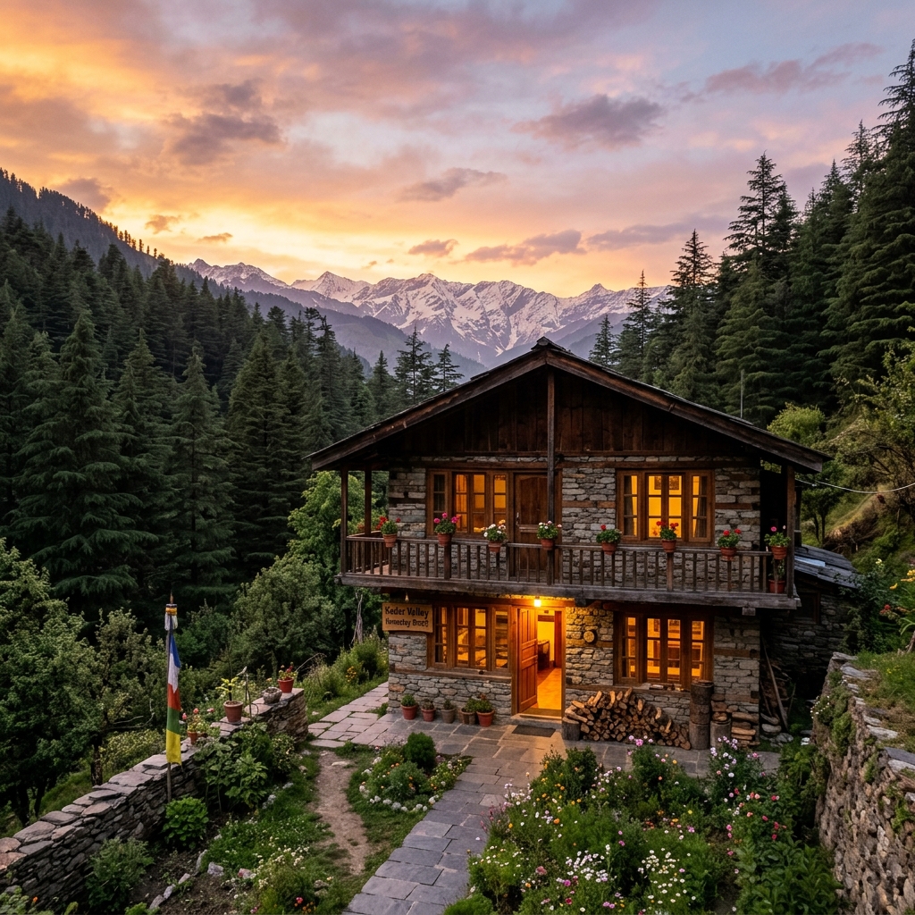 Traditional Himachali stone and wood cottage homestay