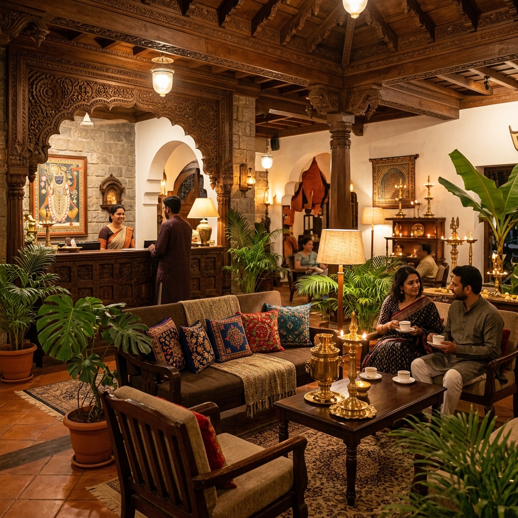 Cozy boutique inn lobby with traditional woodwork