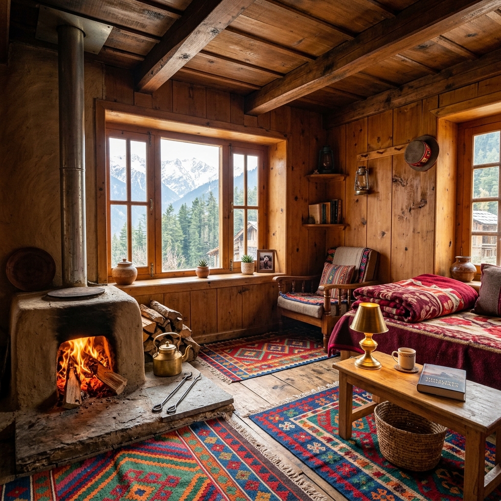 Cozy wooden interior of a traditional Himachali homestay with fireplace
